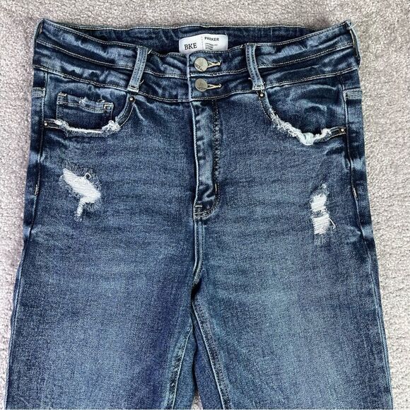BKE Parker Jeans Women’s 29X27.5* Blue Bootcut High Rise Dark Denim Distressed - Picture 2 of 13